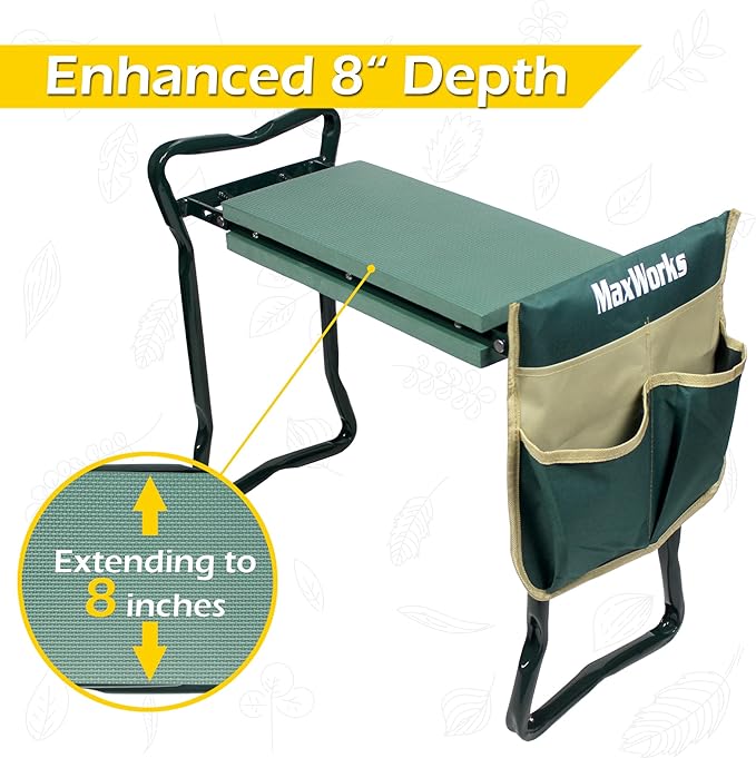MaxWorks 50921 Folding Garden Kneeler Stool with 8 inch Wide Kneeling Pad, with 1 Tools Pouch for Planting and Gardening (Pack of 2)
