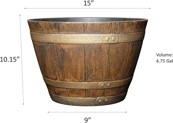 Classic Home and Garden Whiskey Plastic Resin Flower Pot Barrel Planter, Oak Brown, 15"