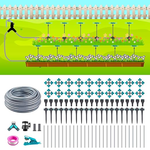 Drip Irrigation Kit 66ft, Automatic Irrigation System for Garden with 12mm Irrigation Tubing, Quick Connect Mist Nozzle with 4-Outlet for Lawn Outdoor Plants Greenhouse
