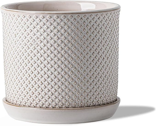 6 Inch Plant Pot: Ceramic Planter with Drainage Hole & Saucer for Indoor Outdoor Plants - Flowerpot with Bonded Tray for Home Office - Beaded Embossed Style, Cream White