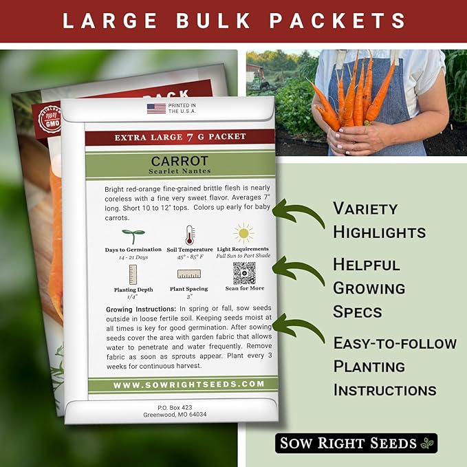 Sow Right Seeds - Bulk Scarlet Nantes Carrot Seed for Planting - 7 Grams, 4000 Seeds - Non-GMO Heirloom Jumbo Pack with Instructions to Plant a Home Vegetable Garden - Enjoy a Bountiful Harvest