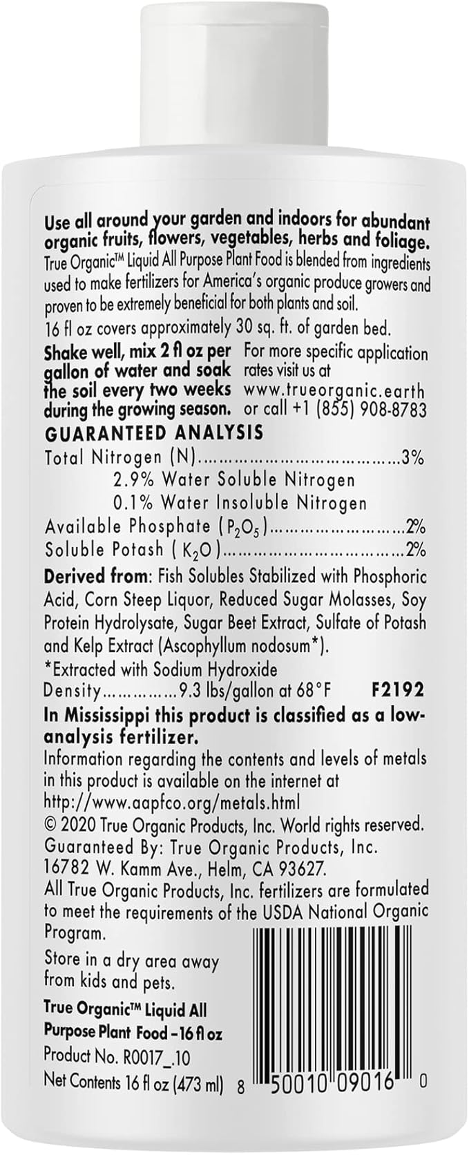 True Organic All Purpose Liquid Plant Food - Liquid Fertilizer 16oz - CDFA, OMRI Listed for Organic Gardening NPK 3-2-2