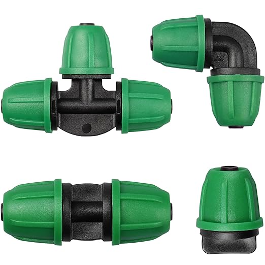 Upgraded 1/4" Drip Irrigation Fittings：50 Pieces Set-20 Couplings 15 Tees 10 Elbows 5 End Plugs, Leak Free Barbed Locked Nut Connectors for 1/4 Inch Irrigation Tubing