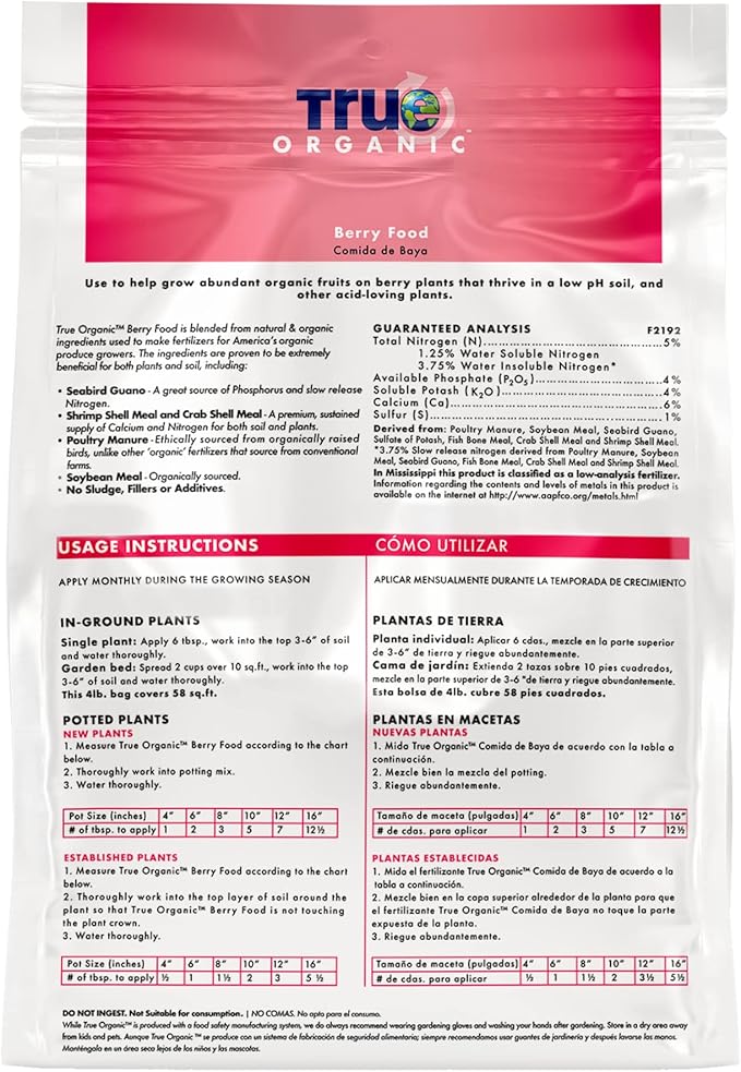 True Organic Berry Food – Organic Fertilizer for Acid-Loving Plants – 4lb Bag Covers 58 Sq. Ft.