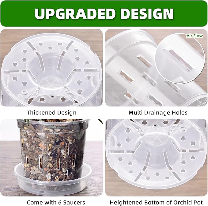 TRUEDAYS 6 Pack Orchid Pot with Saucers Garden Pot 5 Inch Clear Plastic Plant Pots with Drainage Holes for Indoor Outdoor Plants