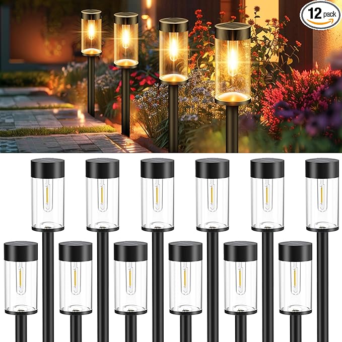 Woolmug Solar Pathway Lights, 12 Packs LED Solar Light Outdoor Waterproof, Auto On/Off Path Lights for Walkway Outside Yard Lawn Sidewalk Landscape(Warm White)