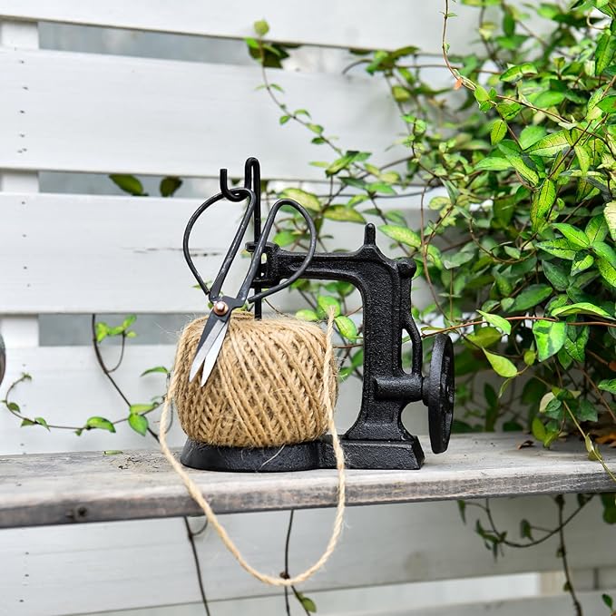 Sungmor Cast Iron Twine Holder and Scissors Set, Vintage Jute Twine Garden String Holder, Decorative Twine Dispenser with Cutter for Crafting, Gardening, Gift Wrapping, Sewing Machine Shape