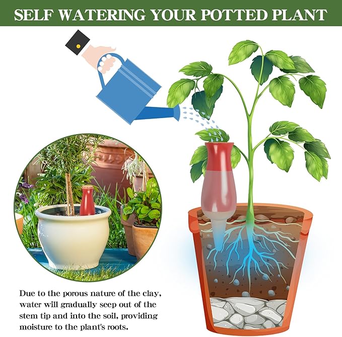4 Pcs Plant Watering Globes, Self Watering Planter Insert, Clay Drip Irrigation Stake with Large Watering System, Plant Watering Device for 1 Week Easy to Refill, Self Watering Pots for Indoor Plants