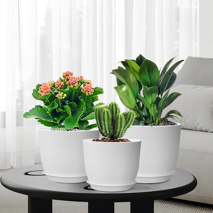 9/8/7.5 inch Flower Pots, Set of 3 Modern Decorative Plastic Planters with Drainage Holes and Saucers, Plant Pots for Indoor Outdoor Plants, White