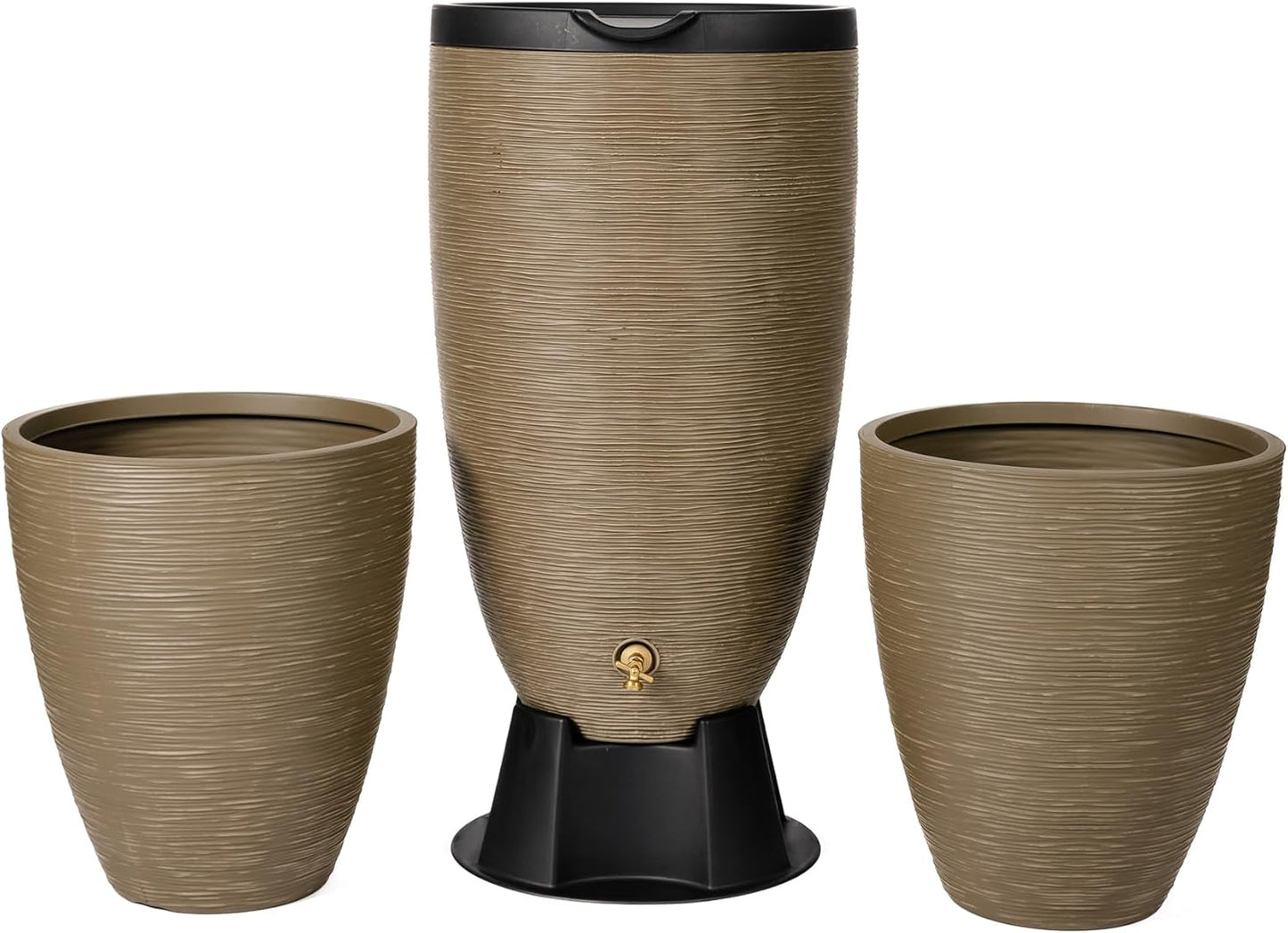 Newport 50‑Gallon Flat‑Back Rain Barrel with Stand & Planter Bundle – Sandstone | Removable Lid, UV-Stabilized Outdoor Water Storage