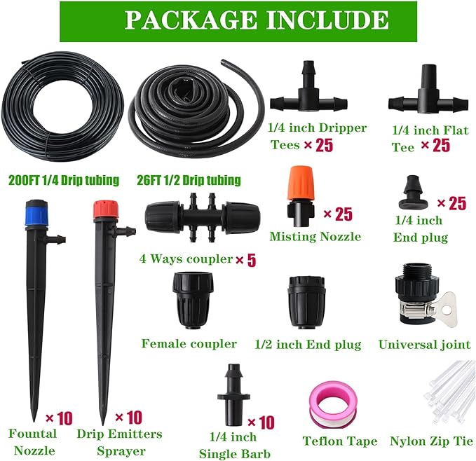 226FT Greenhouse Micro Drip Irrigation Kit Automatic Irrigation System Patio Misting Plant Watering System with 1/4 inch 1/2 inch Blank Distribution Tubing Hose Adjustable Nozzle Emitters Sprinkler
