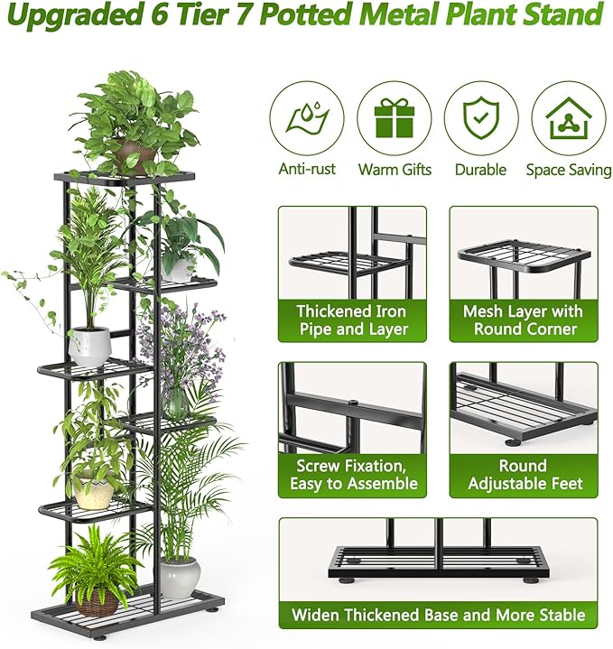 6 Tier 7 Potted Black Plant Stand Indoor Outdoor with Gardening Tools and Gloves, Upgraded Corner Metal Plant Rack Shelf for Multiple Plants, Tall Flower Pot Holder Display for Patio Living Room