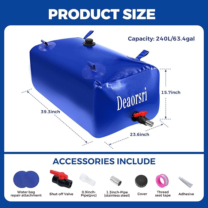 Water Storage Bladder with Two Different Sizes of Water Pipes,Portable Large Capacity Water Bladder Tank,63gallons, Foldable Water Storage Tank for RV,Camping, Agricultural Irrigation,Garden Watering