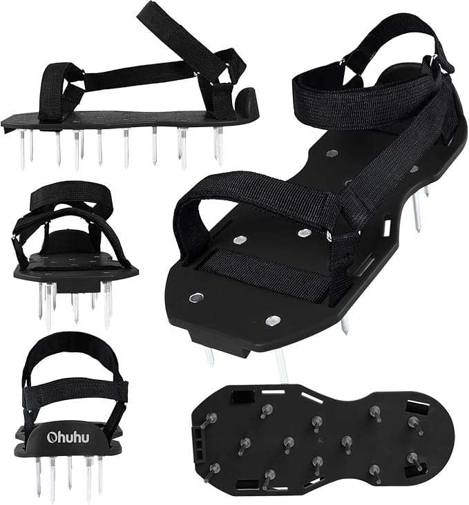 Ohuhu Lawn Aerator Shoes with Stainless Steel Shovel, Free-Installation Aerating Shoe with Hook&Loop Straps, Heavy Duty One-Size-Fits-All Spiked Aerating Sandals for Garden Grass Lawn