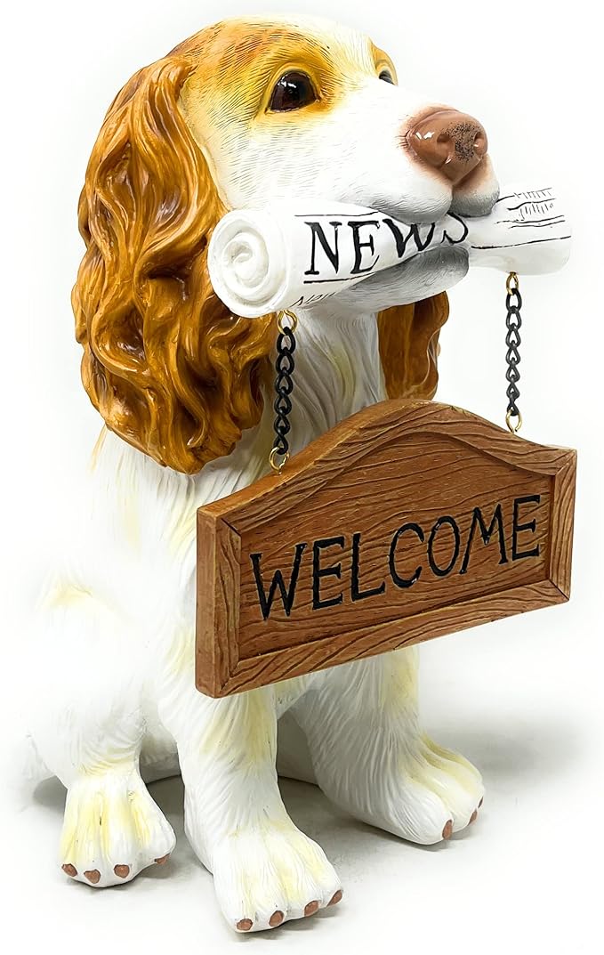 Nature's Mark Cocker Spaniel Dog Puppy Statue with Reversible Welcome Sign and Go Away Sign Resin Garden Decor 12" H