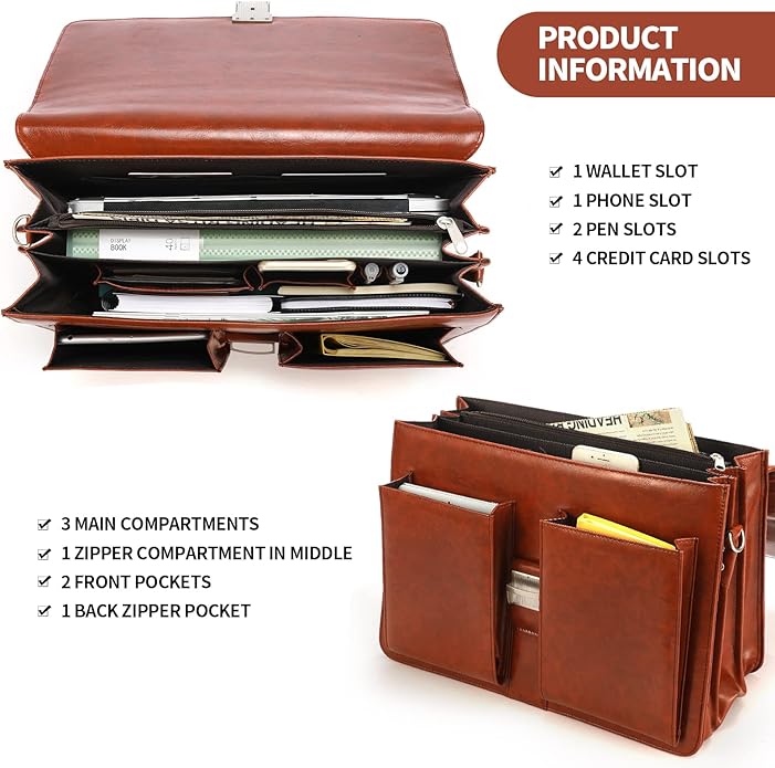 Jack&Chris Mens New PU Leather Attache Briefcase Traditional Messenger Lawyer Bag, MBYX015