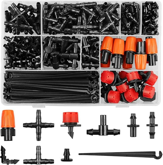 Drip Irrigation Fittings Kit for 1/4" Tubing, 240 Pcs Drip Line Connectors for Drip Systems - Nozzles, Micro Drips, Single barbs, 4 Way Connectors, Tees, Couplings, End Plugs, Elbows, Hose Stakes