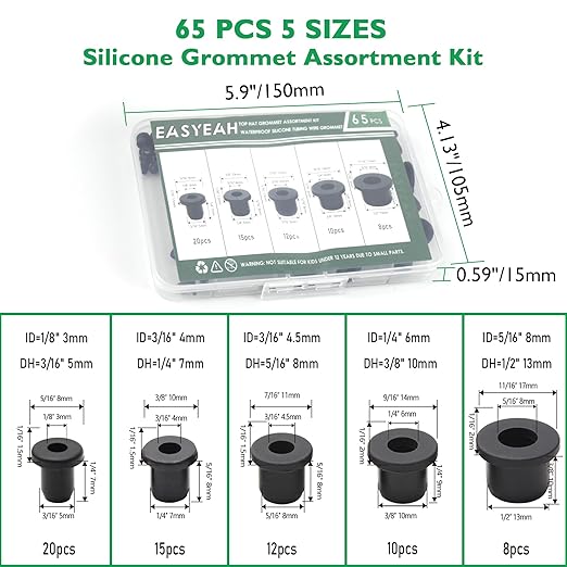 65 Pack Top Hat Rubber Grommets for Wiring Assortment Kit Waterproof Wire Grommets Automotive, Firewall Silicone Plug for Holes, Vinyl Tubing in Hydroponic and Irrigation Systems, 5 Sizes