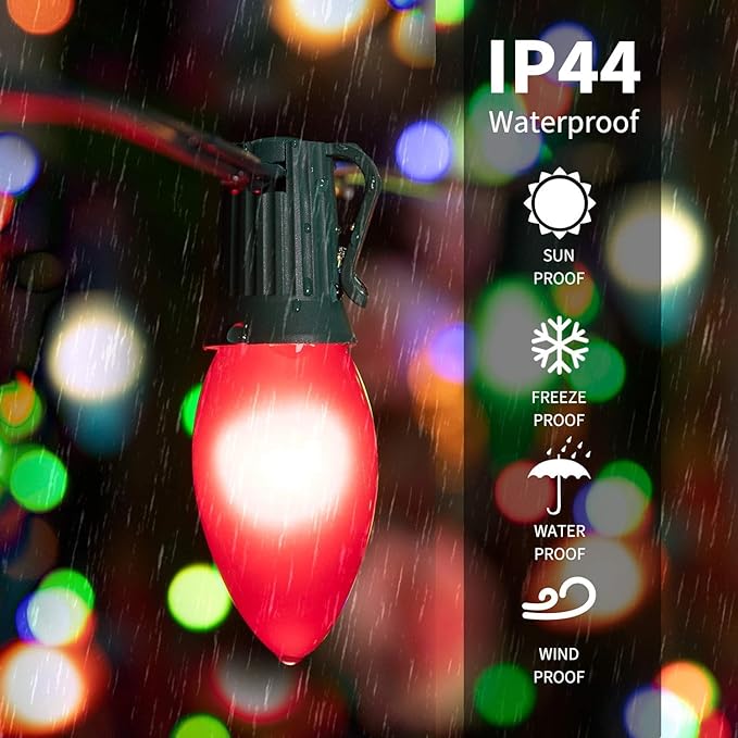 Vintage C9 Multicolor Christmas Lights Outdoor, 100 FT C9 String Lights for Christmas Decorations Holiday Party Indoor Room Outdoor Roofline Backyard Garden Patio Cafe Home Decoration, E17 Base