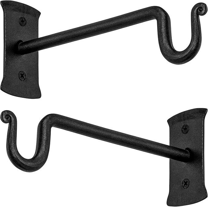 RTZEN Plant Hangers Outdoor or Indoor - Wrought Iron Metal Hanger Indoor Hook - Heavy Duty Wall Bracket Hooks for Hanging Plants Baskets Lanterns Wind Chimes - 2 Pack (Black Shepherds Hooks)