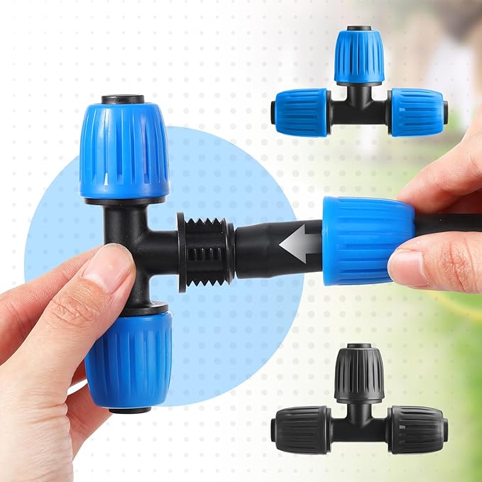 Frienda 40 Pcs 1/2 Inch Drip Irrigation Lock Barbed Tee Tubing (1/2" IDx0.6-0.63" OD) 16mm Fittings Drip Irrigation Parts Anti Drop Locked Reducing Tee for Hose, Blue and Black