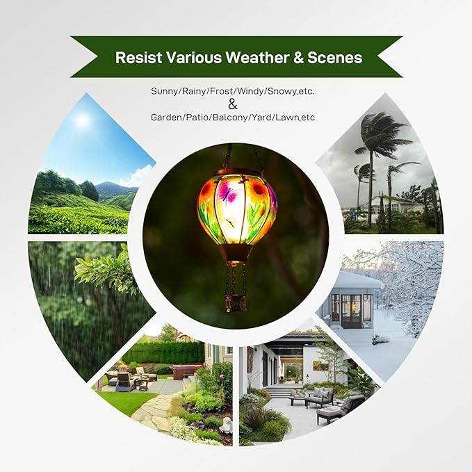 Hot Air Balloon Solar Lantern, Butterfly Solars Powered Hot Air Balloon Lantern Outdoor Waterproof, Glass Hanging Hots Air Balloons Solar Light for Outdoor Patio Garden Decor