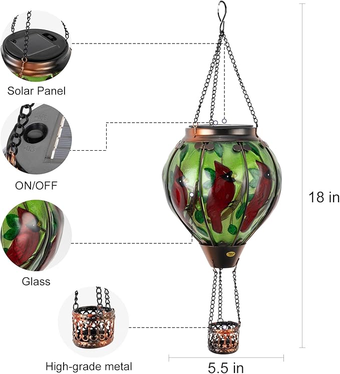 pearlstar Hot Air Balloon Solar Lantern with Flickering Flame Light Outdoor Solar Hanging Lights Waterproof for Garden Yard Farmhouse Patio Pathway Christmas Decoration,Glass(Cardinal)