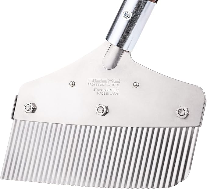 NJP2520 Long Sidewalk and Garden Weeder-and-Sweeper, Authentic Tomita (Est. 1960) Japanese Stainless Steel, Blade Width-7.25", Polished 51" Wood Handle, Brown/Silver