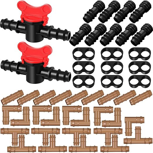 47 Pieces Drip Irrigation Fittings Kit 1/2 Inch Tubing Set Including 2 Switch Valve, 9 Elbows, 9 Couplings, 9 End Cap Plugs, 9 Tees and 9 End Closures Drip for Compatible Drip or Sprinkler Systems