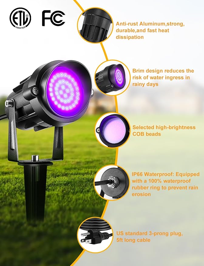 Christmas Spotlight Outdoor Black Light Spotlight, 12W Purple Spot Lights Waterproof Landscape Light Plug in Black Lights for Glow Party Fence Christmas Decorations Yard Garden Stage Decor, 1 Pack