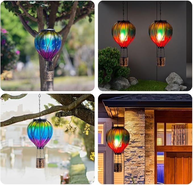 Pack of 2 Gradient Color Solar Hot Air Balloon Outdoor Lantern with Flickering Flame Hanging Outdoor Lantern Waterproof Decorative Solar Lanterns Light for Patio, Garden, Porch