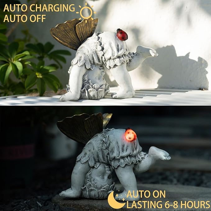 Garden Flower Fairy Outdoor Solar Decor, Resin Ornaments for Patio Lawn Yard Porch, Playful Garden Statue for Outside Angel Gifts, 8.98 Inches Tall