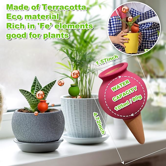 Terracotta Self Watering Devices Premium Self Watering Spikes Upgraded Planter Insert Device Irrigation Dripper Professional Garden Automatic Plant Accessories 4 Packs (Clay Pots)