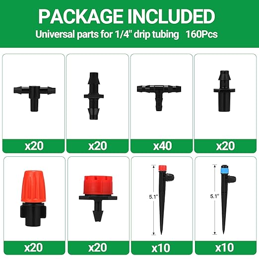 160 Pcs Adjustable Drip Irrigation Emitters, Mister Nozzles, Micro Irrigation Drippers, Sprayers, Barbed Connectors, Irrigation Parts for 1/4" Drip Irrigation Tubing Garden Watering System