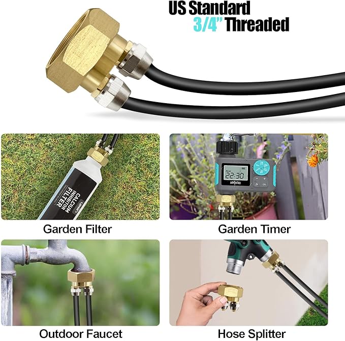 2 Pcs Drip Irrigation Hose Connector, 3/4" to Dual 1/4" Hose Adapter, Convert 3/4" Female Hose Thread Bib to 1/4" Tubing, US Standard Faucet Adapter, Hard Brass Made