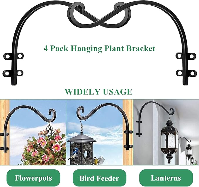 2 Pack Heavy Duty Plant Hanger Bracket, 16Inch Hanging Brackets for Plants Outdoor and Indoor, 80lbs Holding Capacity Metal Plant Wall Hooks, Black Hanging Plant Brackets for Flower Wind Bird Feeder