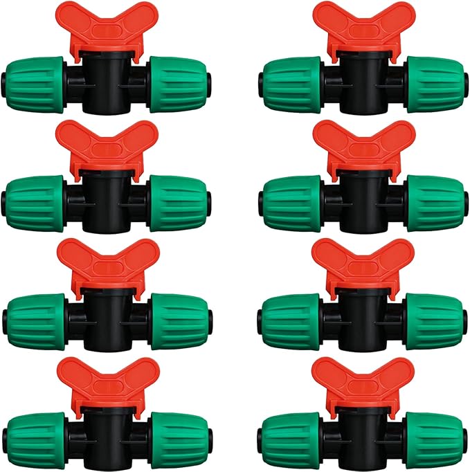 JAYEE 8 Pcs Drip Irrigation Fittings Switch Valve 1/2 Inch, In-Line Barbed Lock Switch Valves For 1/2 Inch Drip Tubing (0.60"-0.63" OD), Shut Off On Valve Drip Line Parts For Garden Sprinkler Systems