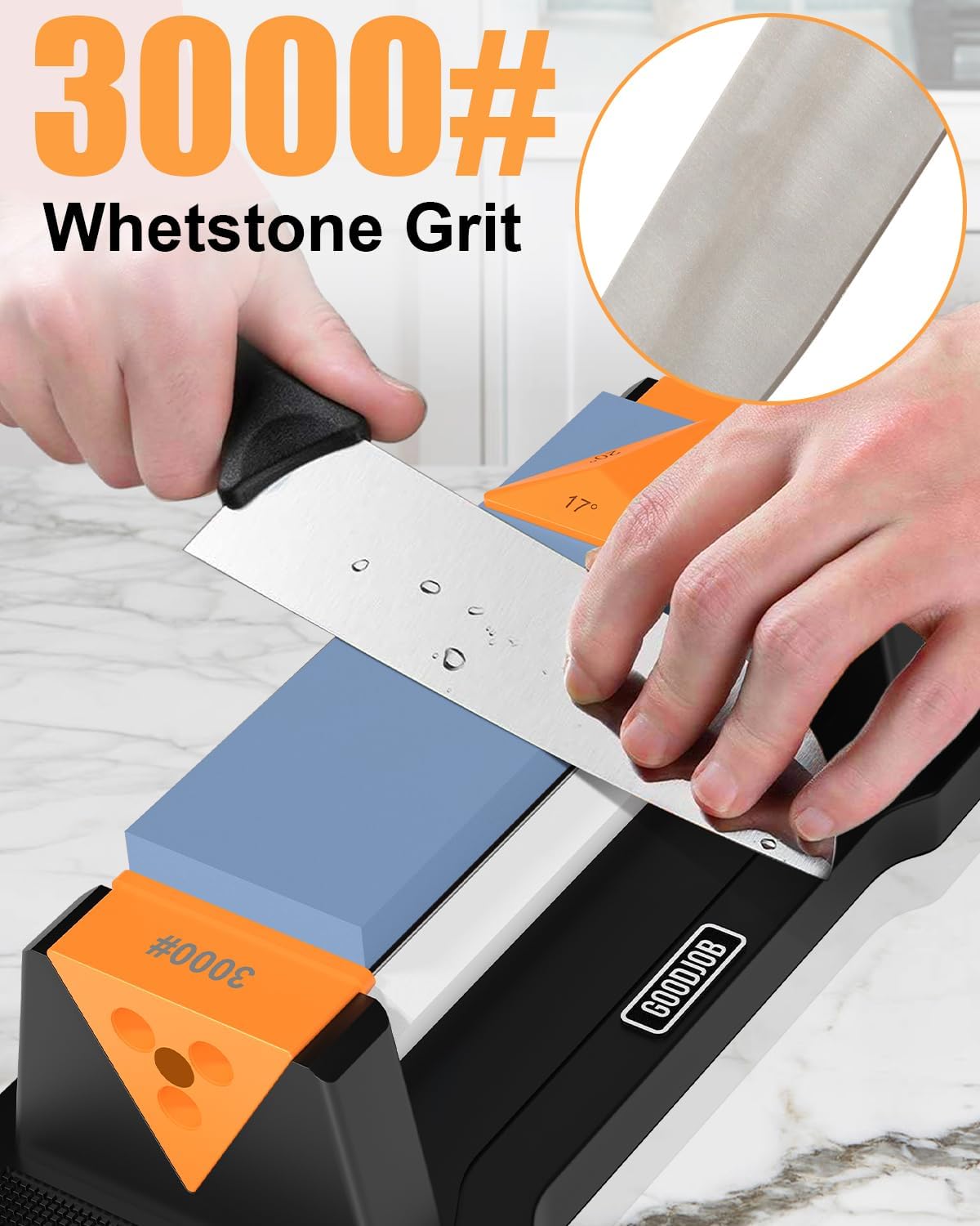 Knife Sharpening Stone Kit Premium 3 Side Grit 1000/3000/6000 Whetstone Knife Sharpener Tool for Kitchen Knife Set with Angle Guide and Non-Slip Base (GB-3W)