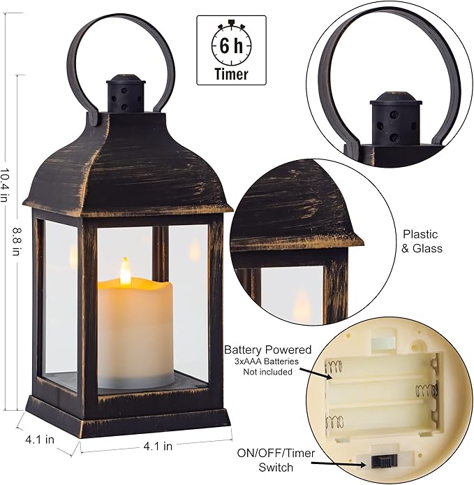 Vintage Lantern Decorative LED Flickering Flameless Candle with Timer, Battery Powered LED Decorative Hanging Golden Brushed Black Lanterns for Indoor Outdoor Garden Yard Home Decor(4 Pack)