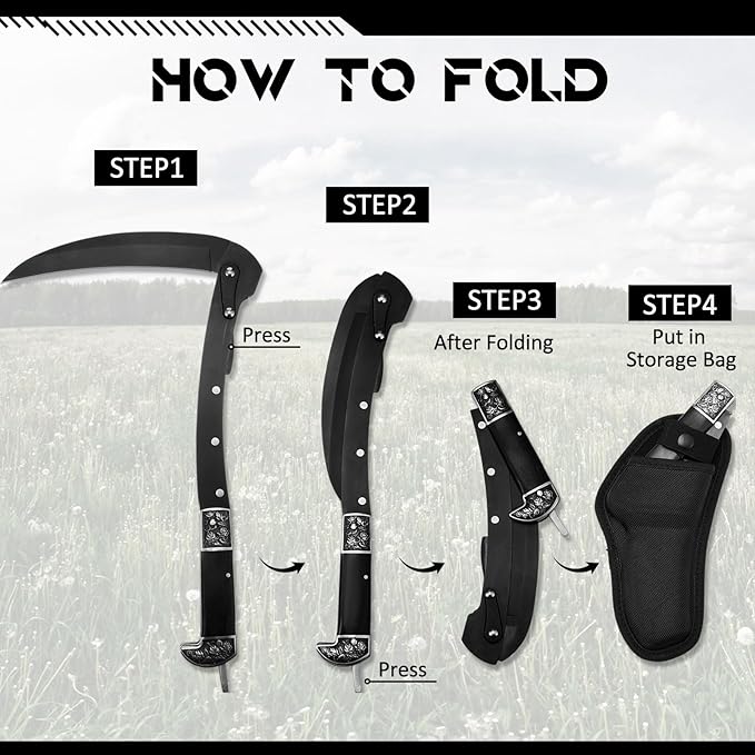 WILLBOND Black Sharp Folding Sickle Garden Tool Portable Safety Grass Hand Sickle Knife with Sheath Wooden Handle 2 Sections for Gardening Farming Lawn Grass Weeds Hand Tools