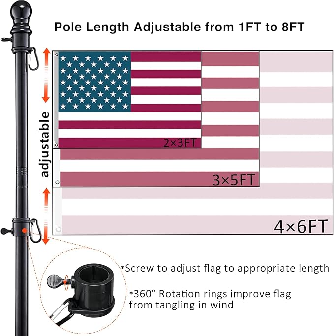 Black Flag Poles for Outside in Ground - 8FT Flag Pole for House with 2 Pronges Base - Stainless Steel Flag Pole Kit with 3x5FT American Flag for Yard Residential Commercial