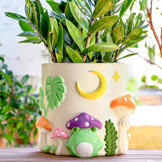 GUGUGO 8 Inch Colorful Frog Garden Planters Cute Unique Rainbow Planter with Drainage, Vintage Retro Mushroom Flower Plant pots for Indoor Plants, Eclectic Succulent Gardening Pot for Home Décor-A