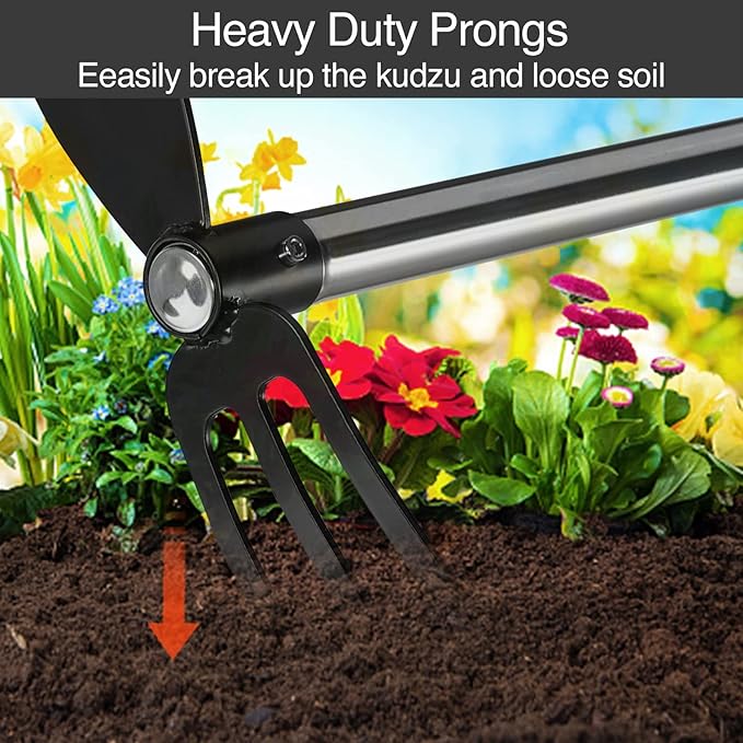 Hoe and Cultivator Gardening Hand Tools, Heavy Duty Stainless Steel Garden Hoe and 3 Fork Hand Tiller for Gardening Weeding Planting with Adjustable Handle 30-45 inch