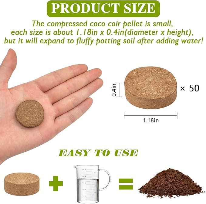 ZeeDix 50pcs(30mm) Compressed Coco Coir Fiber Potting Soil- Coir Medium, Coconut Soil for Indoors or Outdoors, Bonsai, Herbs, Plants, Flowers and Vegetables