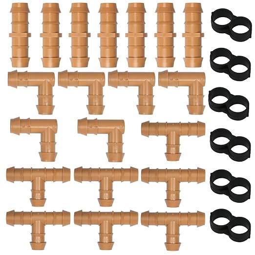 26 Pieces Drip Irrigation Fittings Kit for 1/2 Inch Tubing, Drip Irrigation Parts for Drip Sprinkler System- 7 Couplings, 7 Tees, 6 Elbows, 6 Plugs Drip Line Connectors