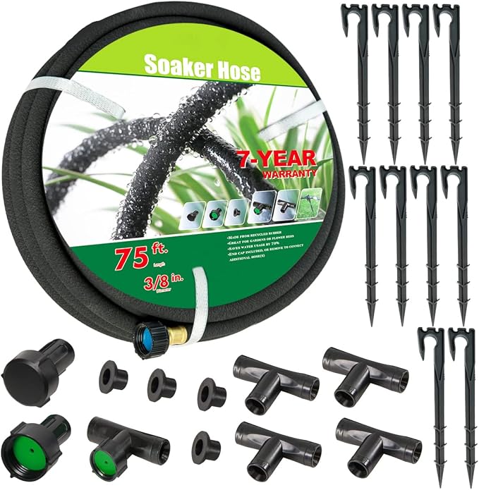 Soaker Hose 3/8 inch x 75FT,Garden Hose With Fittings,Heavy Duty Soaker Hose-Saves 70% Water For Lawn(75FT).