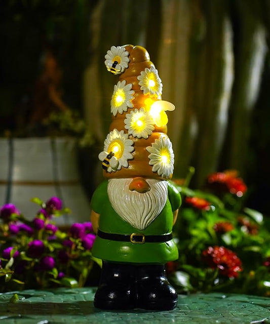 Solar Gnome Garden Statue for Decor: Outdoor Figurines Sculpture with Lights and Bee for Lawn Patio Yard Balcony - Gifts for Mom Women