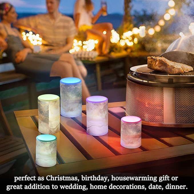 Flickering Flameless Candles, Brown White Marble LED Candles with Remote Timer, Set of 2 Battery Operated Candle for Valentine Wedding Birthday
