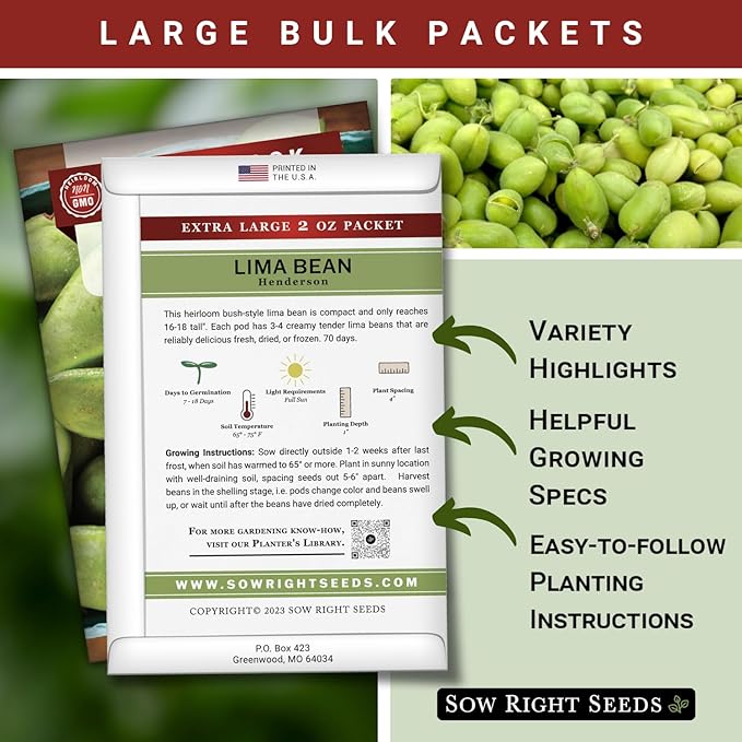Sow Right Seeds - Bulk Bush Henderson Lima Bean Seeds for Planting - 2 Ounce, 140 Seeds - Non-GMO Heirloom Jumbo Pack with Instructions to Plant an Outdoor Home Vegetable Garden