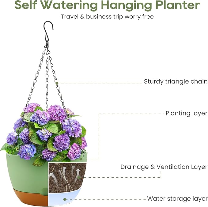 10 Inch Hanging Planter, 2 Pack Hanging Plastic Plant Self Watering Pot with Drainage Holes & Saucers, Hanging Baskets Flower Pots for Indoor Outdoor Garden Plants and Flowers-Green